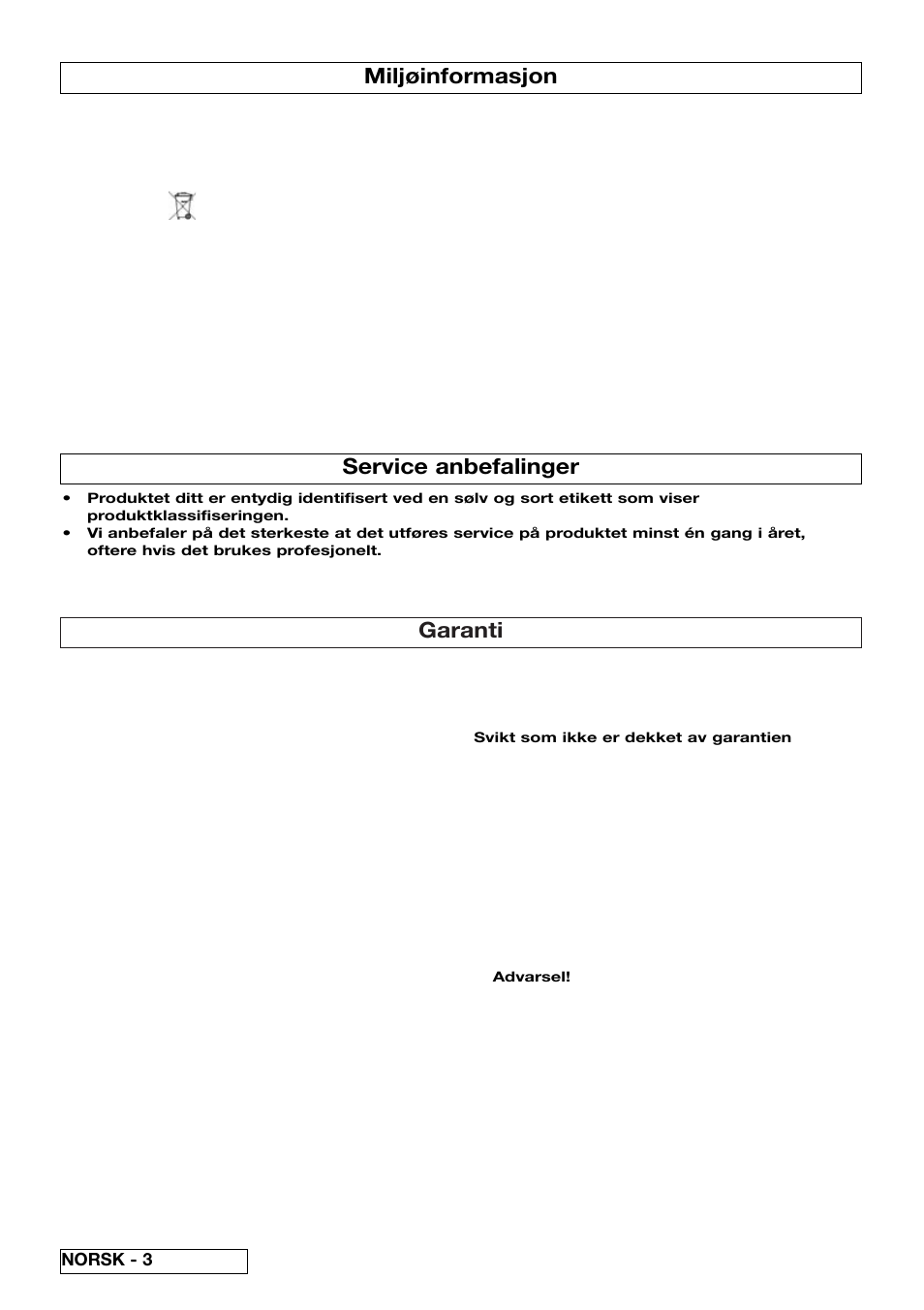 Garanti, Miljøinformasjon, Service anbefalinger | Flymo 510740403 User Manual | Page 20 / 72