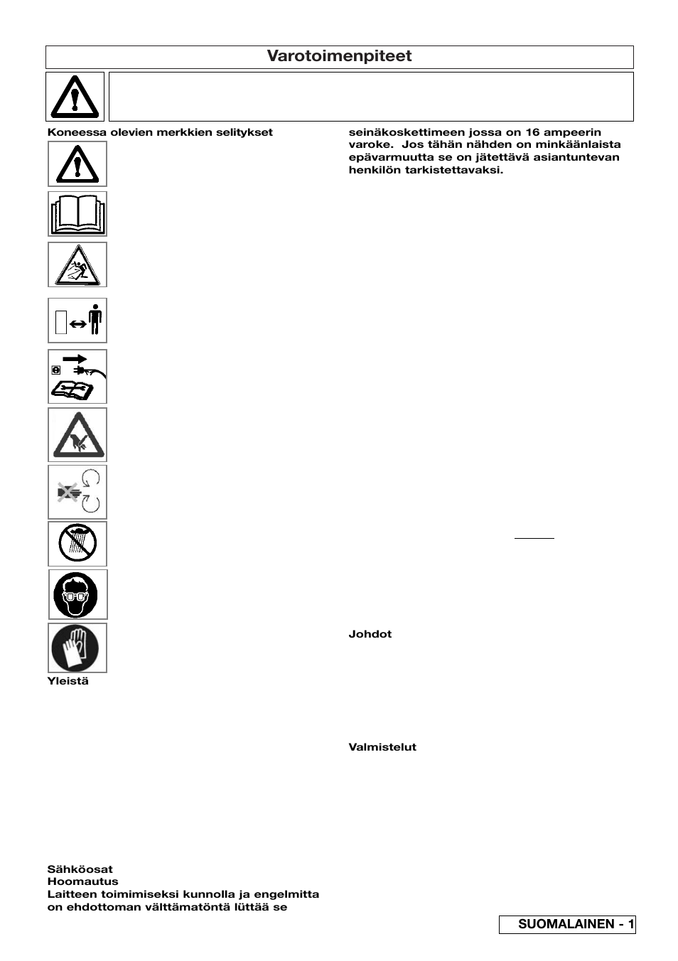Varotoimenpiteet, Suomalainen - 1 | Flymo 510740403 User Manual | Page 21 / 72