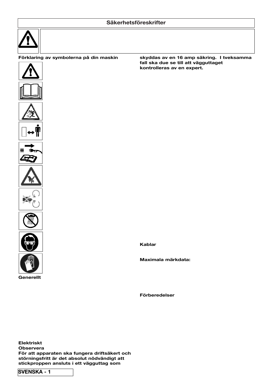 Säkerhetsföreskrifter, Svenska - 1 | Flymo 510740403 User Manual | Page 24 / 72