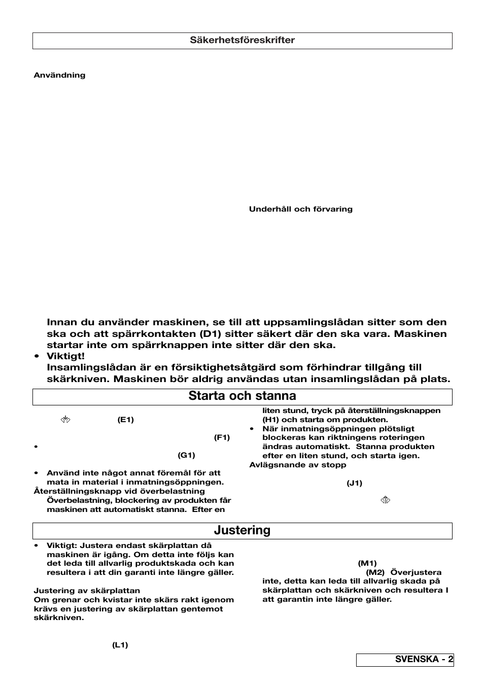 Starta och stanna, Justering, Säkerhetsföreskrifter | Svenska - 2 | Flymo 510740403 User Manual | Page 25 / 72