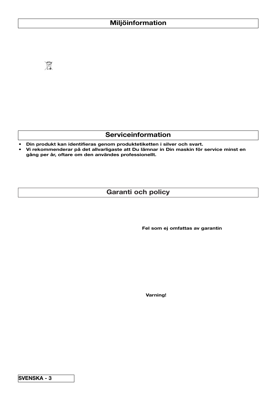 Garanti och policy, Miljöinformation, Serviceinformation | Flymo 510740403 User Manual | Page 26 / 72