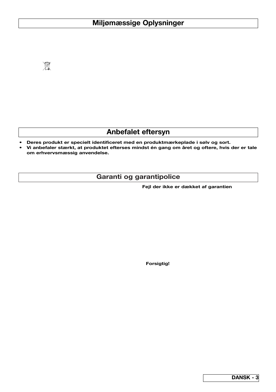 Miljømæssige oplysninger, Anbefalet eftersyn, Garanti og garantipolice | Flymo 510740403 User Manual | Page 29 / 72