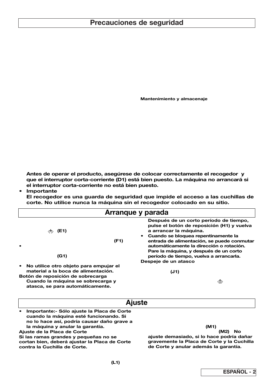 Precauciones de seguridad, Arranque y parada, Ajuste | Español - 2 | Flymo 510740403 User Manual | Page 31 / 72