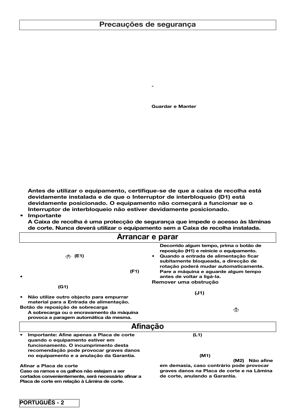 Arrancar e parar, Afinação, Precauções de segurança | Português - 2 | Flymo 510740403 User Manual | Page 34 / 72
