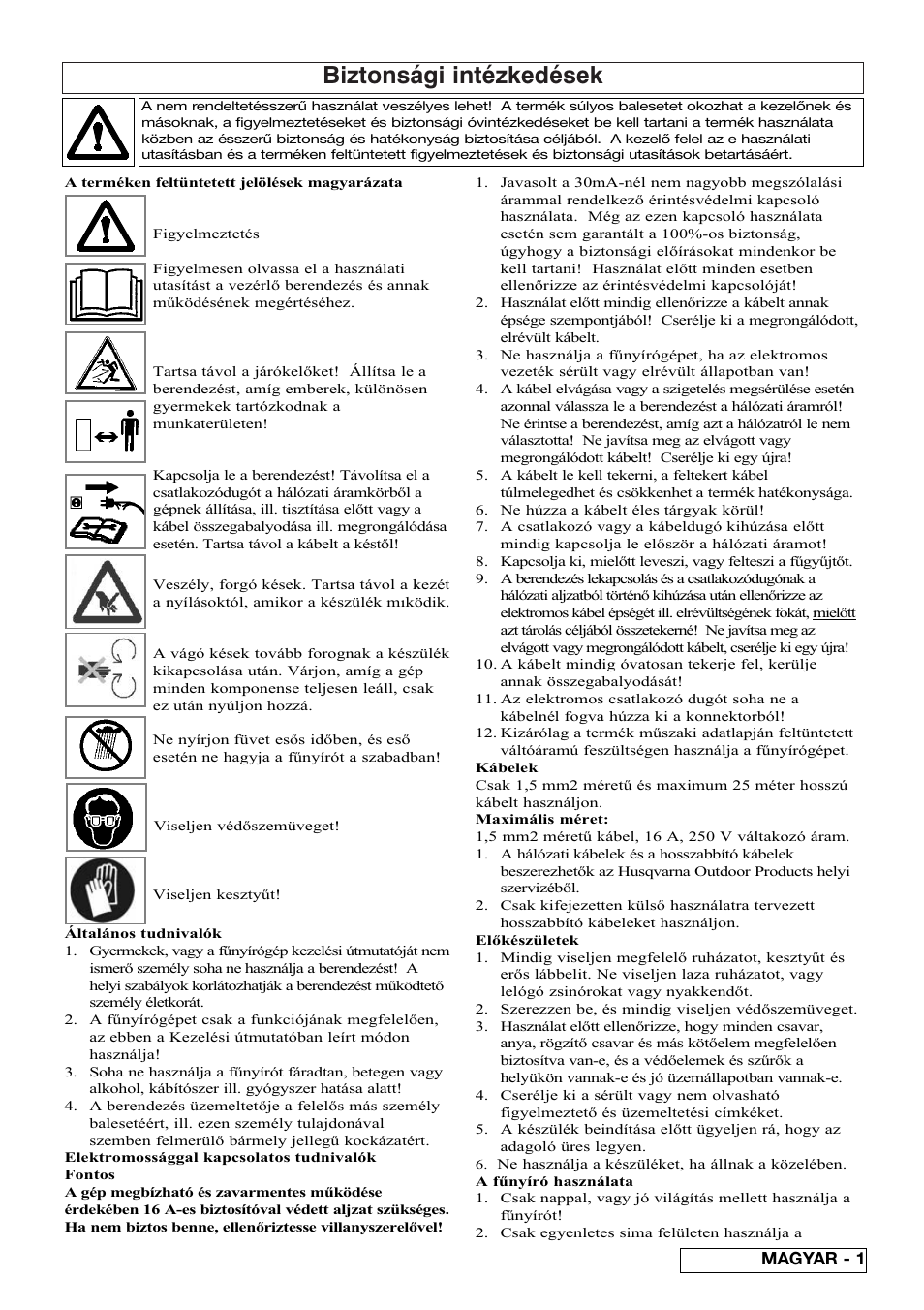 Biztonsági intézkedések, Magyar - 1 | Flymo 510740403 User Manual | Page 39 / 72