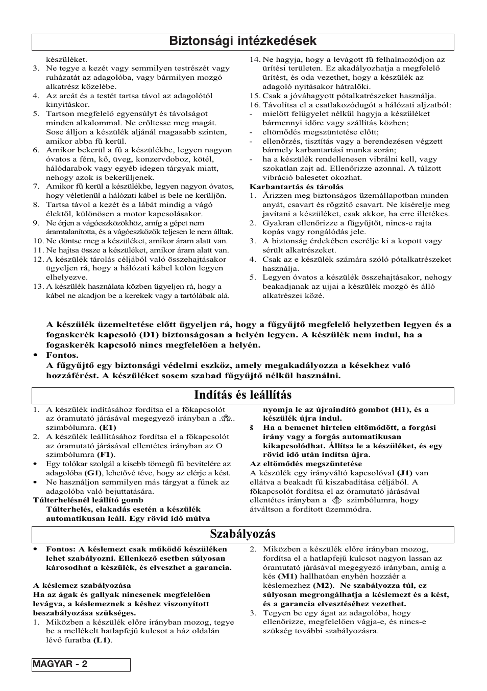 Biztonsági intézkedések, Indítás és leállítás, Szabályozás | Flymo 510740403 User Manual | Page 40 / 72