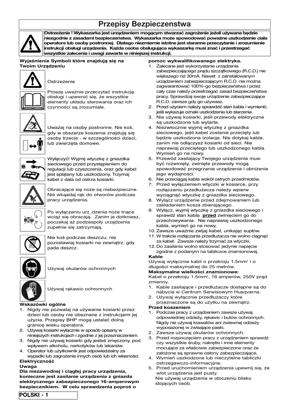 Przepisy bezpieczenstwa, Polski - 1 | Flymo 510740403 User Manual | Page 42 / 72