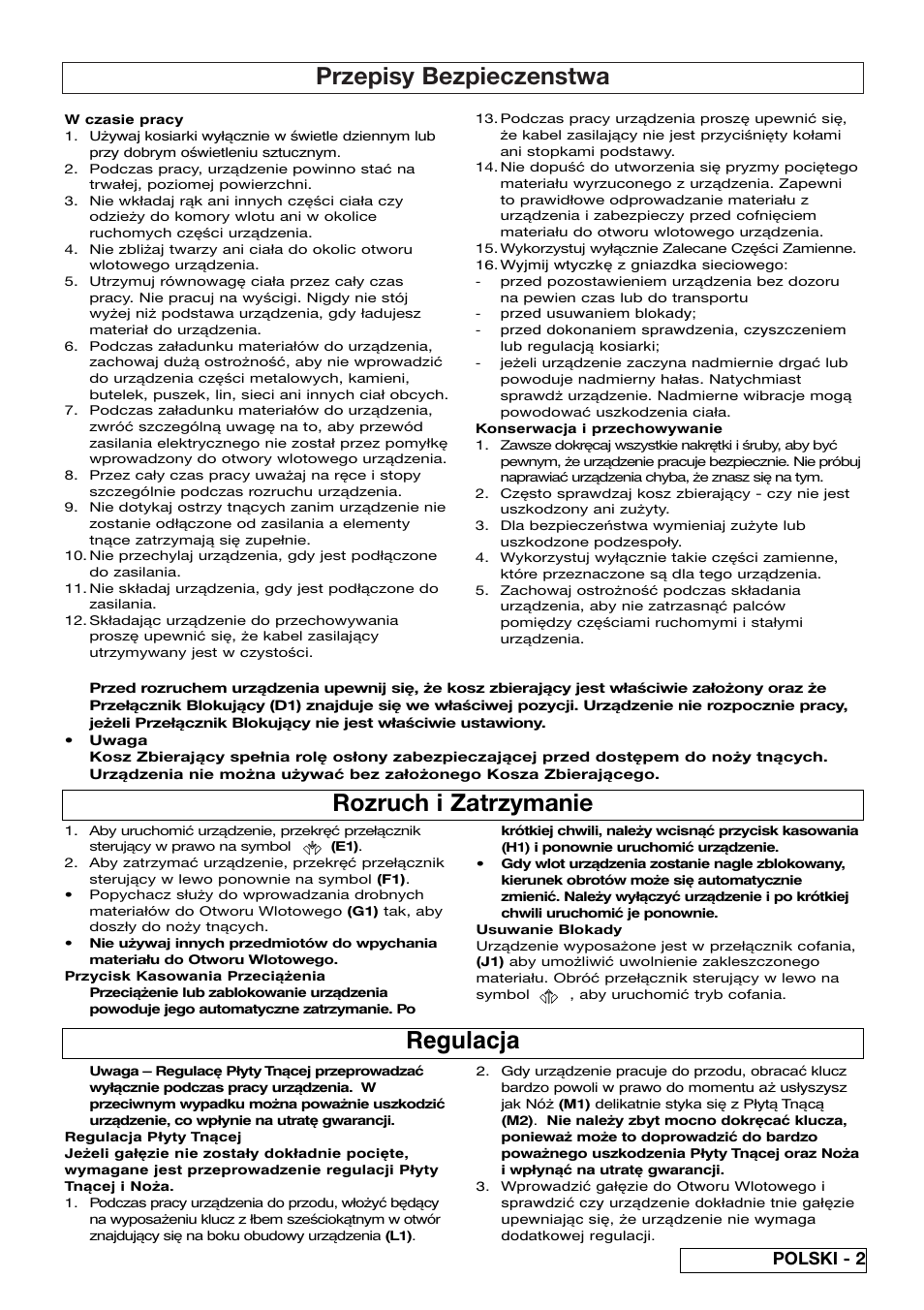 Przepisy bezpieczenstwa, Rozruch i zatrzymanie, Regulacja | Polski - 2 | Flymo 510740403 User Manual | Page 43 / 72