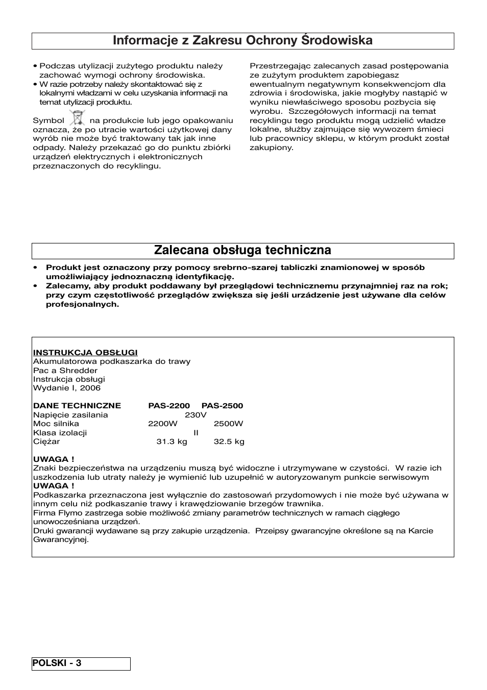 Informacje z zakresu ochrony środowiska, Zalecana obsługa techniczna | Flymo 510740403 User Manual | Page 44 / 72