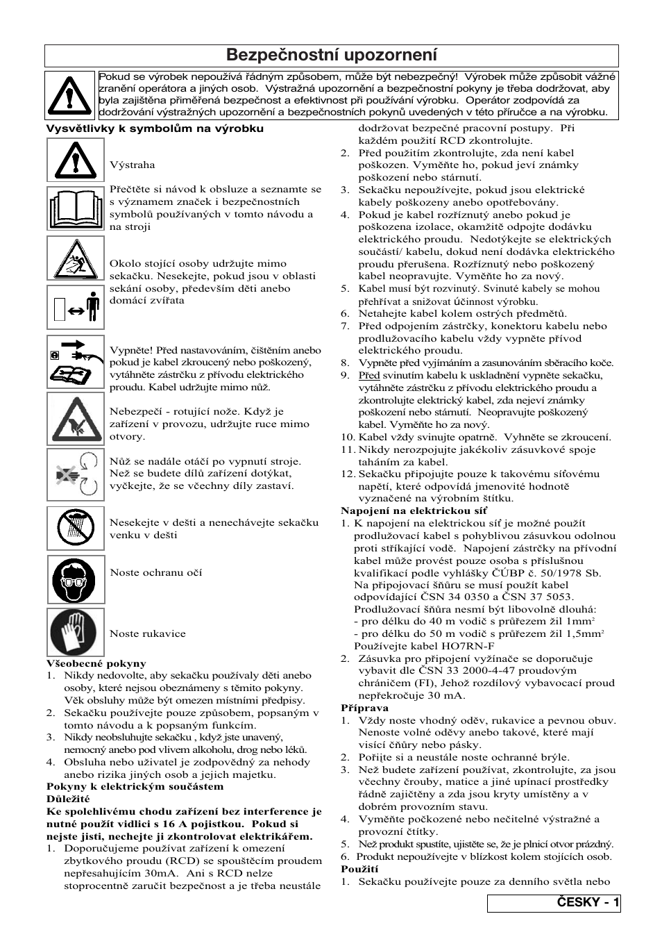 Bezpečnostní upozornení, Česky - 1 | Flymo 510740403 User Manual | Page 45 / 72