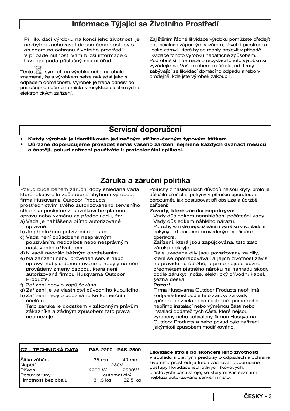 Informace týjající se životního prostředí, Záruka a záruční politika, Servisní doporučení | Česky - 3 | Flymo 510740403 User Manual | Page 47 / 72