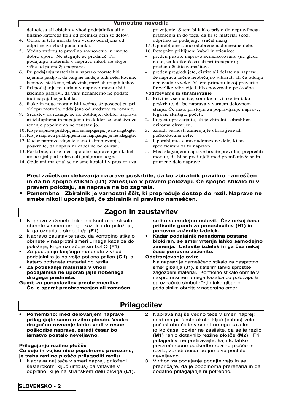 Zagon in zaustavitev, Prilagoditev, Varnostna navodila | Slovensko - 2 | Flymo 510740403 User Manual | Page 52 / 72