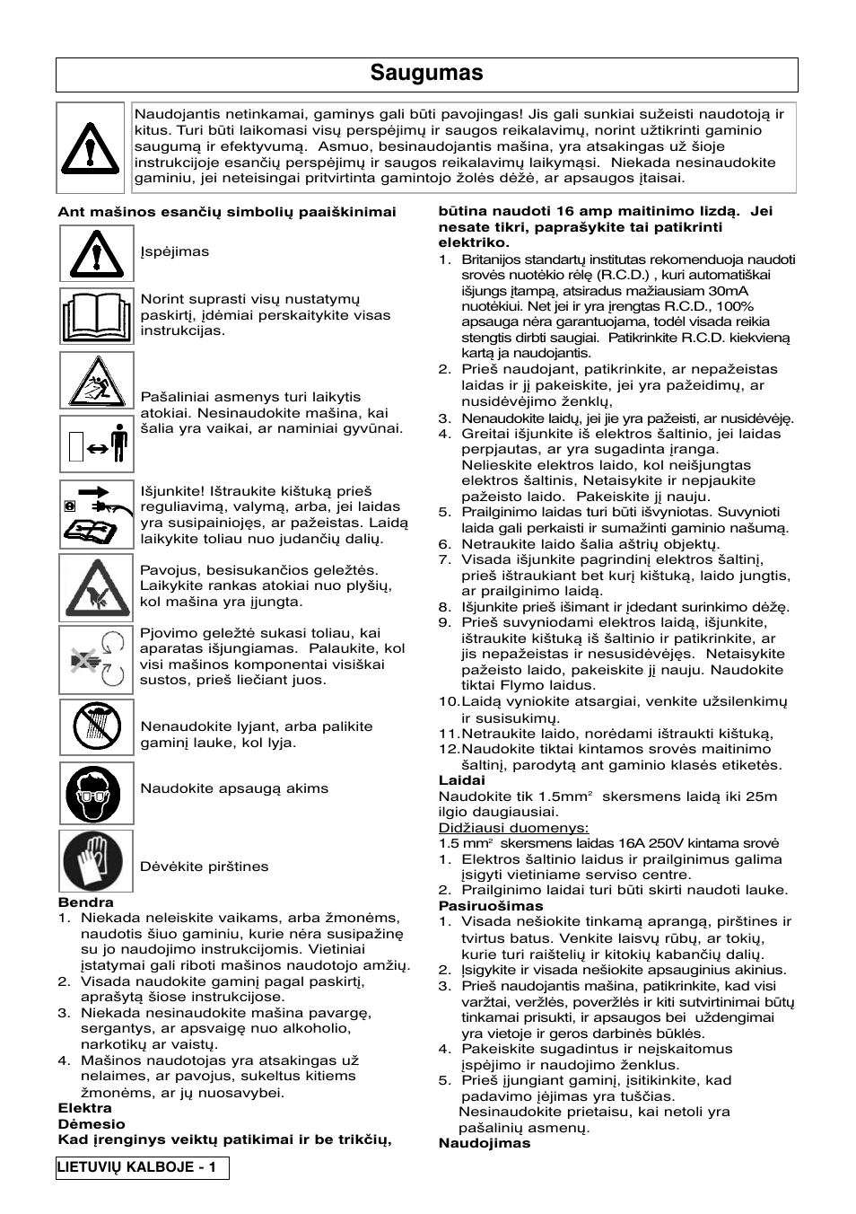 Saugumas | Flymo 510740403 User Manual | Page 54 / 72