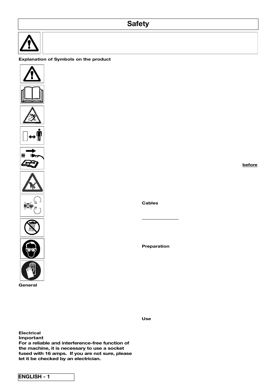 Safety, English - 1 | Flymo 510740403 User Manual | Page 6 / 72