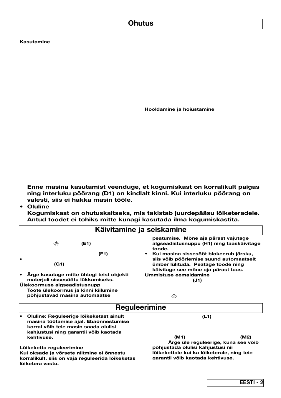 Ohutus, Käivitamine ja seiskamine, Reguleerimine | Eesti - 2 | Flymo 510740403 User Manual | Page 61 / 72