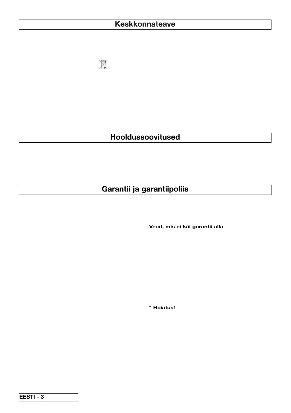 Keskkonnateave, Garantii ja garantiipoliis, Hooldussoovitused | Flymo 510740403 User Manual | Page 62 / 72