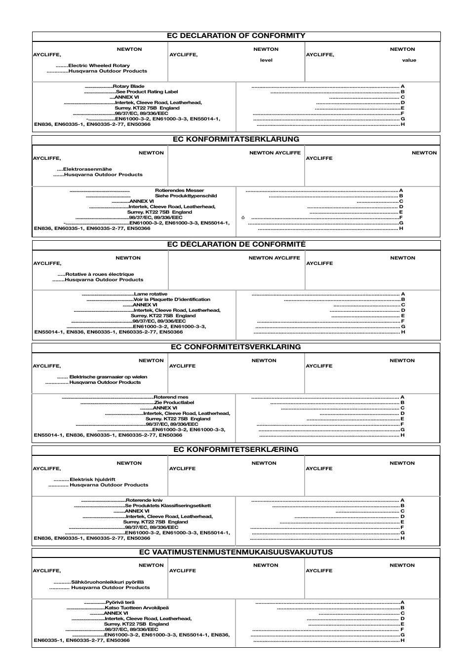 Ec declaration of conformity, Ec konformitätserklärung, Ec konformitetserklæring | Ec vaatimustenmustenmukaisuusvakuutus | Flymo 510740403 User Manual | Page 69 / 72