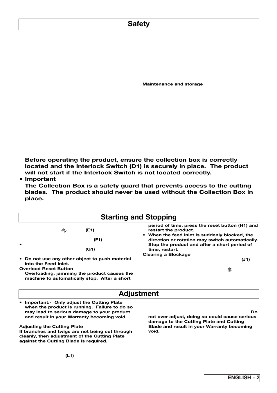Safety, Starting and stopping, Adjustment | English - 2 | Flymo 510740403 User Manual | Page 7 / 72