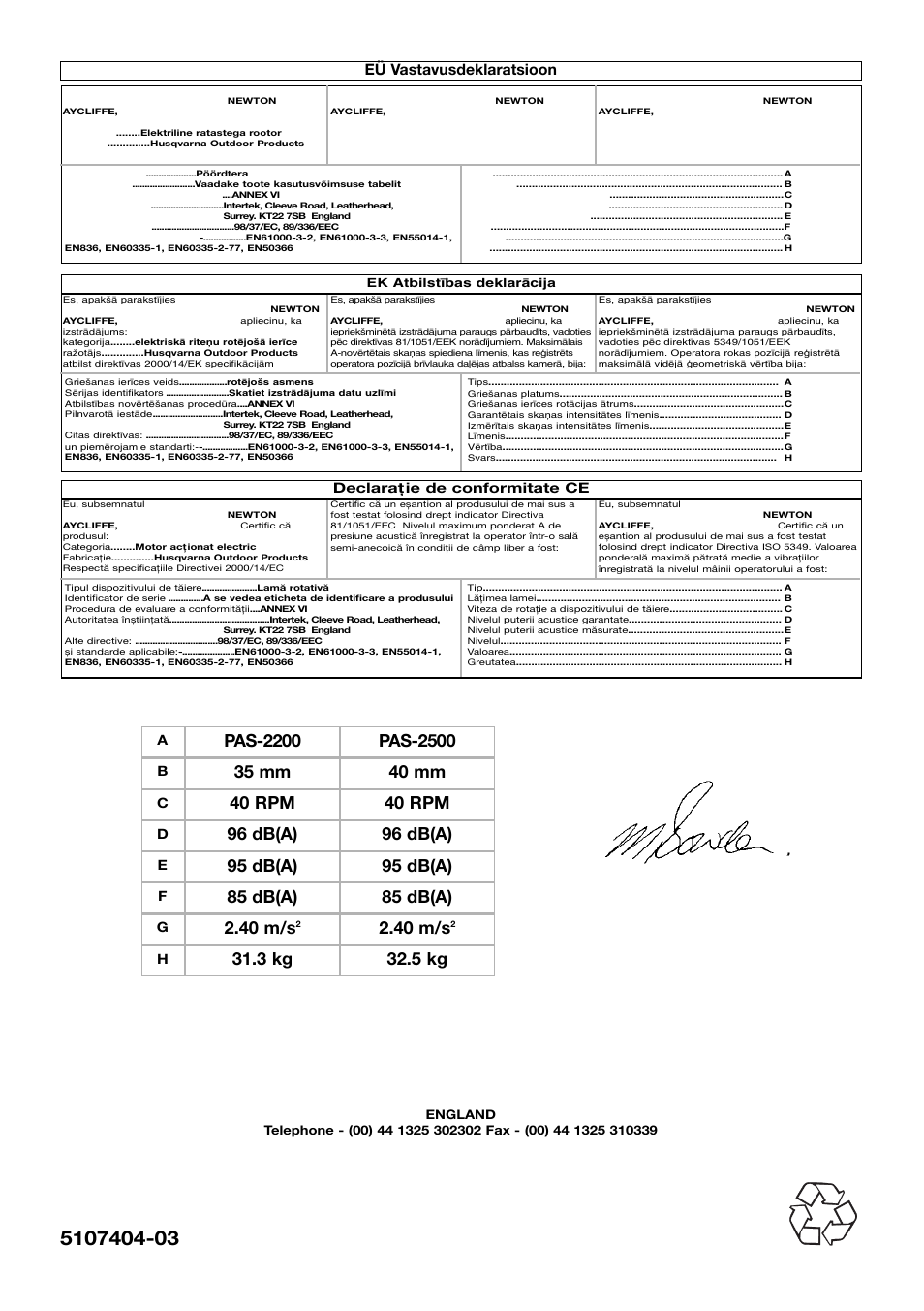 Pas-2200, 35 mm, 40 rpm | 96 db(a), 95 db(a), 85 db(a), 40 m/s, 3 kg, 5 kg, Eü vastavusdeklaratsioon | Flymo 510740403 User Manual | Page 72 / 72