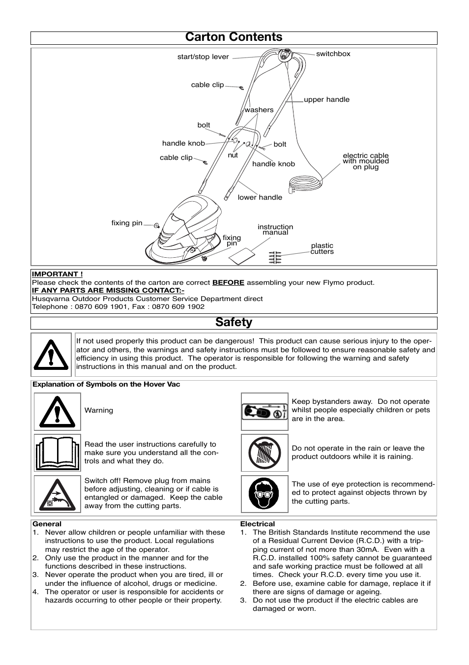 Carton contents, Safety | Flymo Hover Vac HV280 User Manual | Page 2 / 8