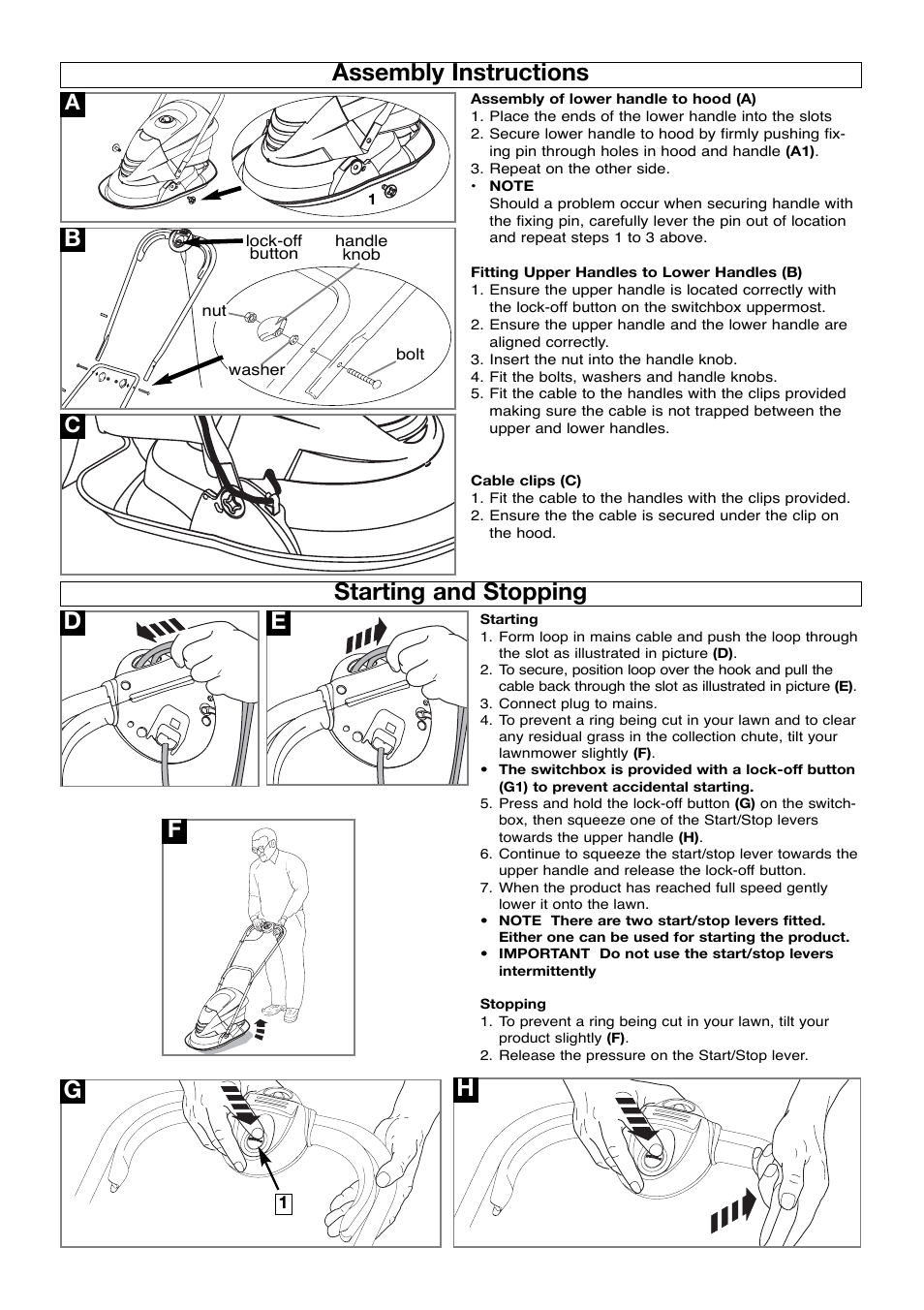 Assembly instructions, Starting and stopping, Df g h e | Flymo Hover Vac HV280 User Manual | Page 4 / 8