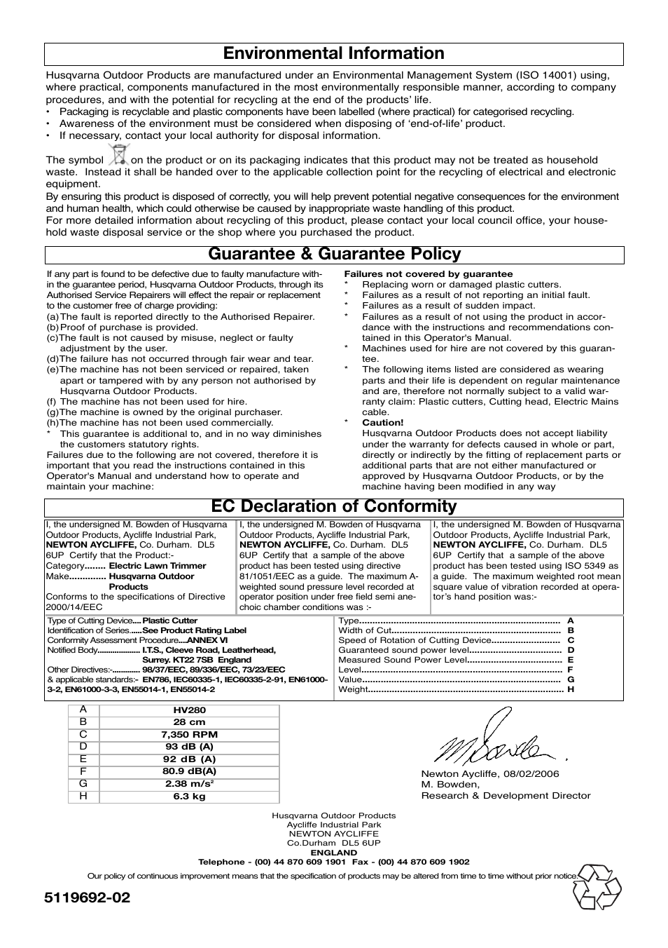 Environmental information, Guarantee & guarantee policy, Ec declaration of conformity | Flymo Hover Vac HV280 User Manual | Page 8 / 8