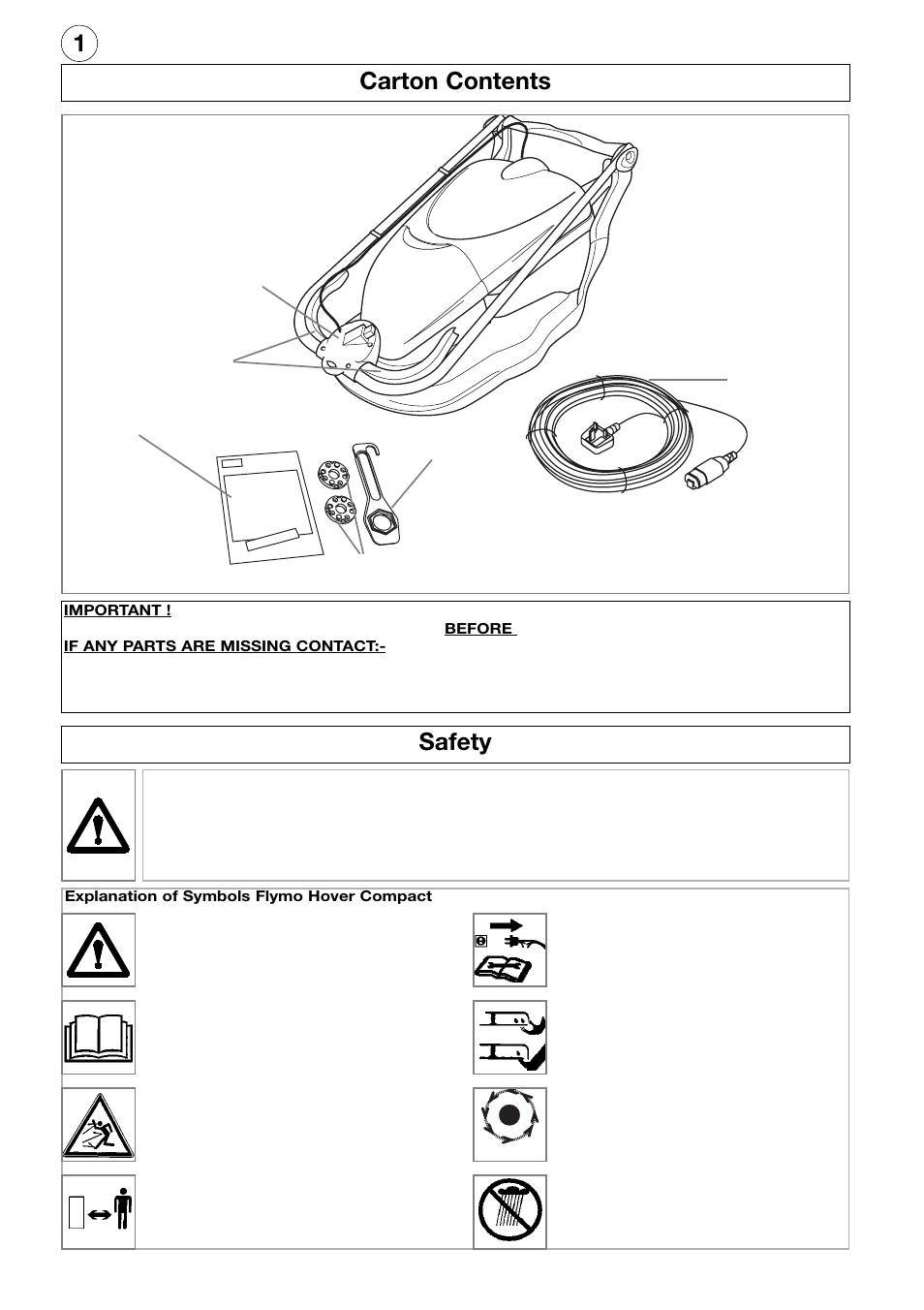 1carton contents, Safety | Flymo Electrolux Hover Compact User Manual | Page 2 / 8