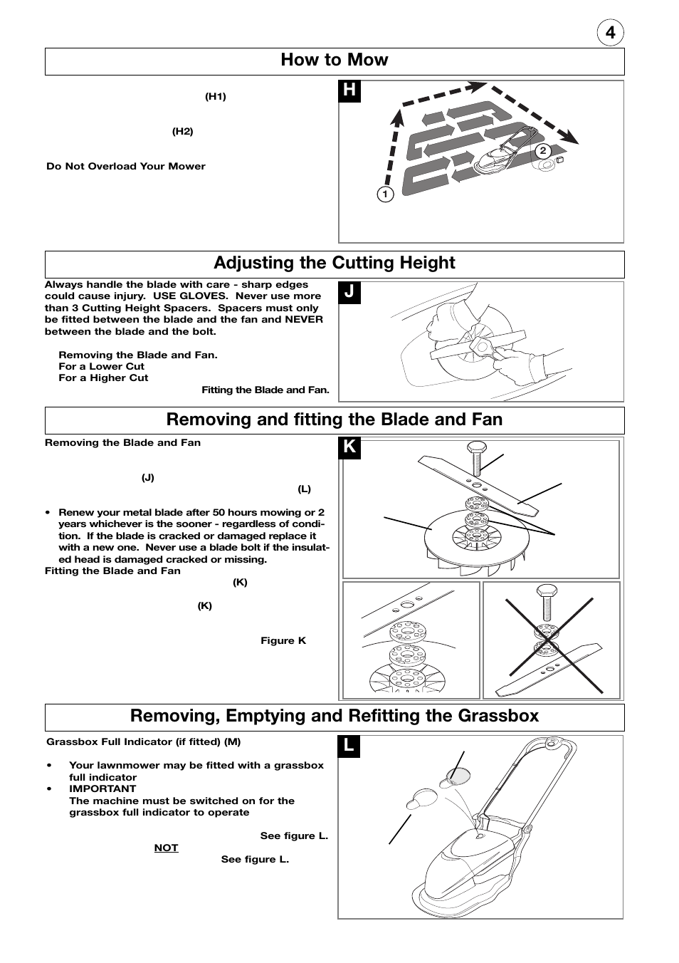 4adjusting the cutting height how to mow, Removing and fitting the blade and fan, Removing, emptying and refitting the grassbox l | Flymo Electrolux Hover Compact User Manual | Page 5 / 8