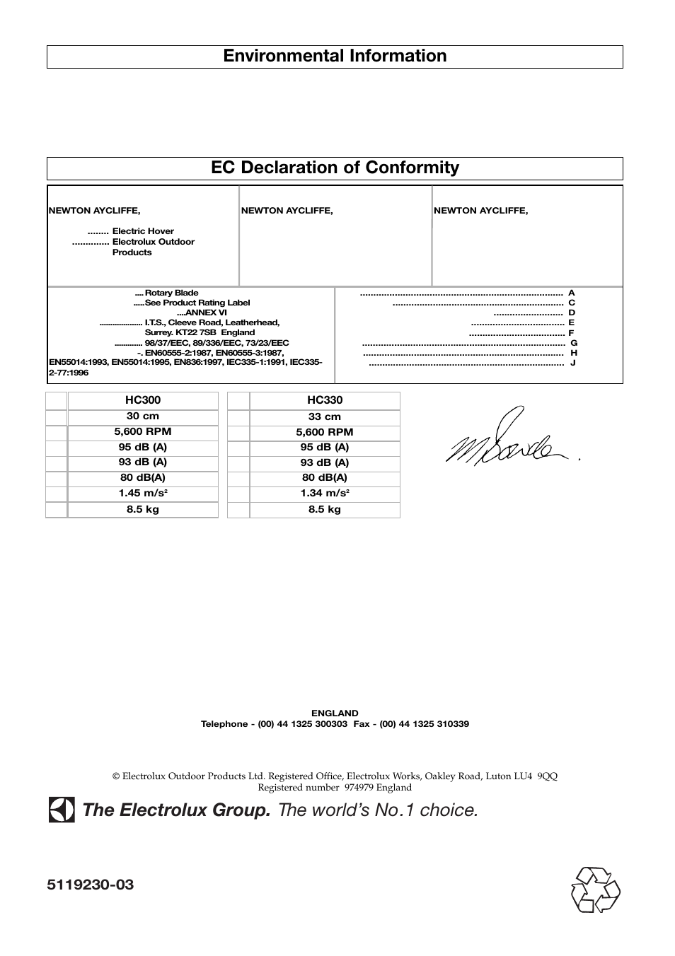 The electrolux group. the world’s no.1 choice, Environmental information, Ec declaration of conformity | Flymo Electrolux Hover Compact User Manual | Page 8 / 8