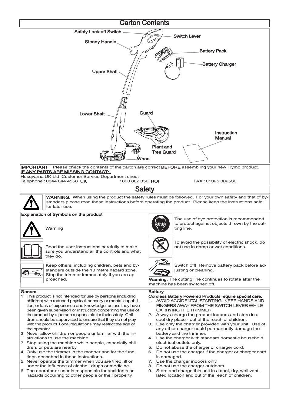 Carton contents, Safety | Flymo CONTOUR XT User Manual | Page 2 / 9