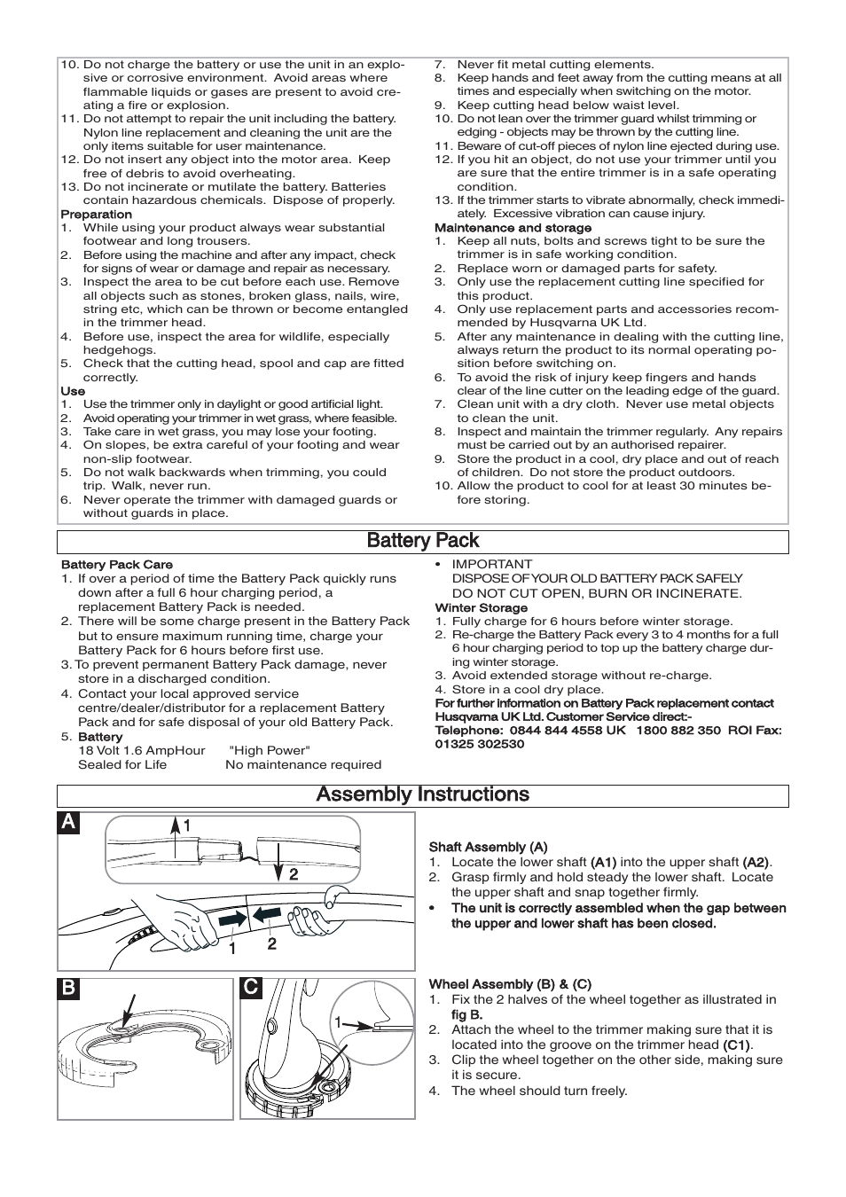 Battery pack, Assembly instructions c a | Flymo CONTOUR XT User Manual | Page 3 / 9
