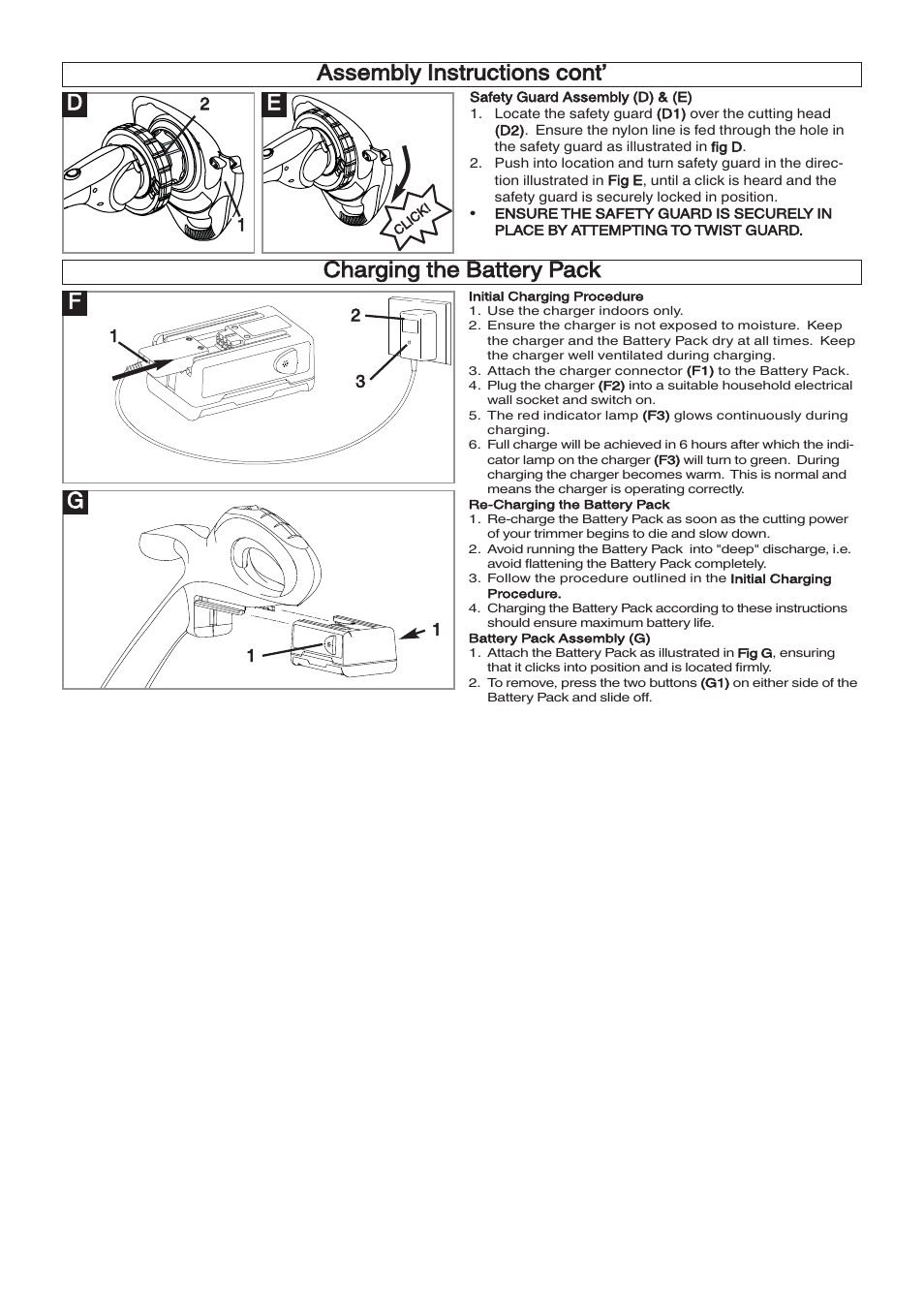 Assembly instructions cont’ d e, Gcharging the battery pack | Flymo CONTOUR XT User Manual | Page 4 / 9