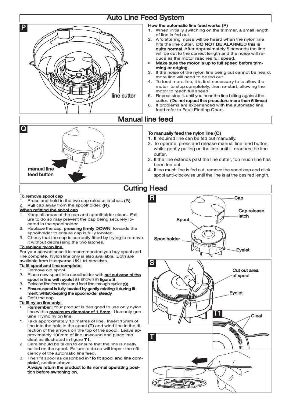 Auto line feed system, Manual line feed q, Cutting head | Rs t, Line cutter | Flymo CONTOUR XT User Manual | Page 6 / 9