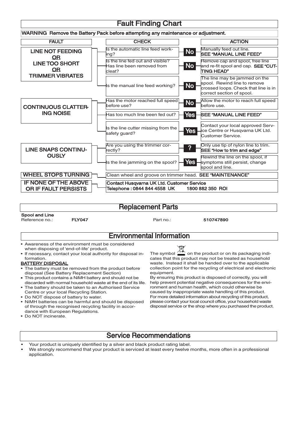 Fault finding chart, Environmental information, Replacement parts | Service recommendations, No yes yes | Flymo CONTOUR XT User Manual | Page 8 / 9