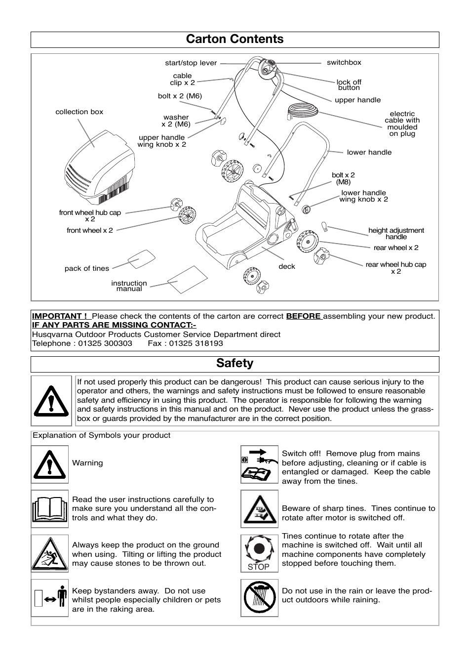 Carton contents, Safety | Flymo Partner lawnrake User Manual | Page 2 / 8