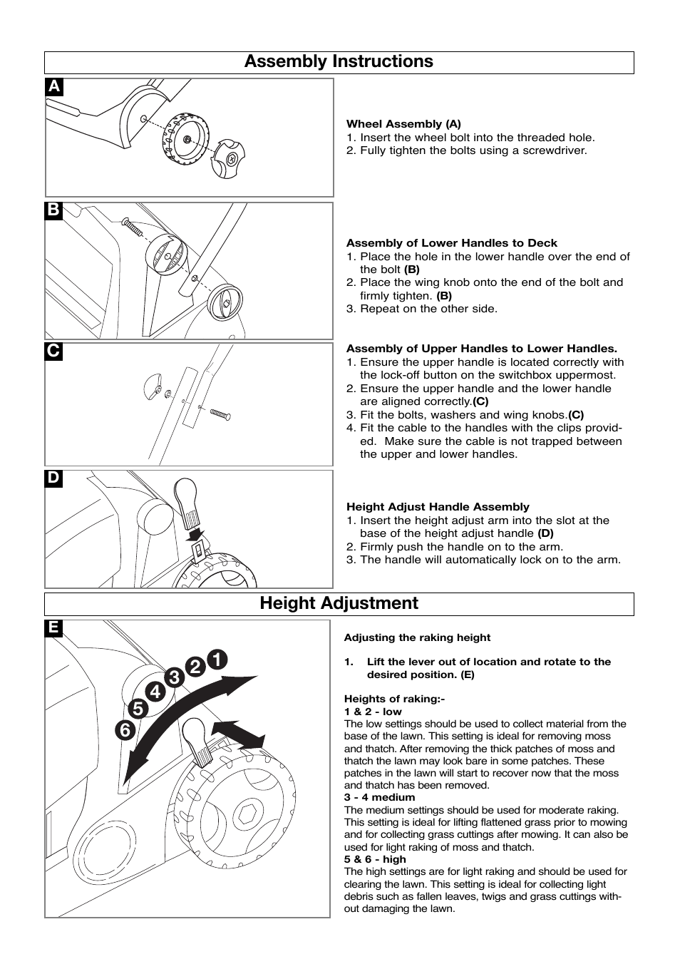 Assembly instructions, Height adjustment, Assembly instructions b c | Flymo Partner lawnrake User Manual | Page 4 / 8