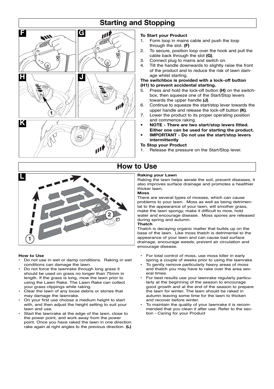 Starting and stopping, How to use, Fg k starting and stopping | Flymo Partner lawnrake User Manual | Page 5 / 8