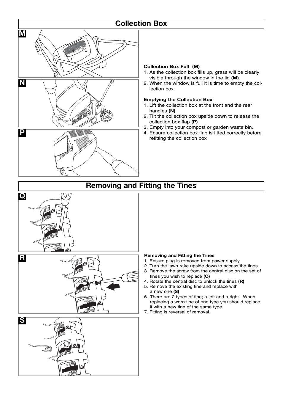 Collection box, Removing and fitting the tines, Nremoving and fitting the tines | Qp r s m | Flymo Partner lawnrake User Manual | Page 6 / 8