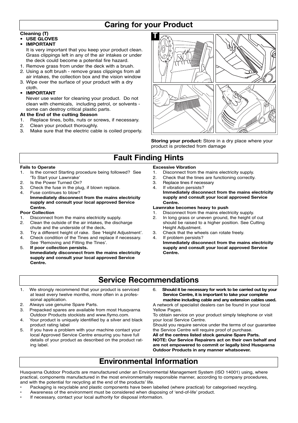 Caring for your product, Fault finding hints, Service recommendations | Environmental information, Tservice recommendations | Flymo Partner lawnrake User Manual | Page 7 / 8
