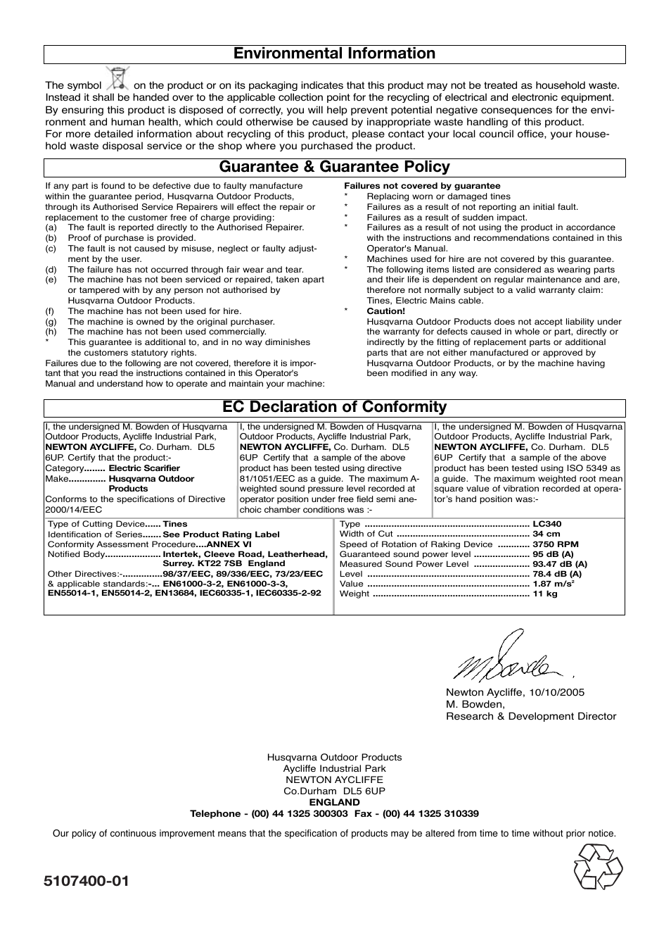 Environmental information, Guarantee & guarantee policy, Ec declaration of conformity | Flymo Partner lawnrake User Manual | Page 8 / 8