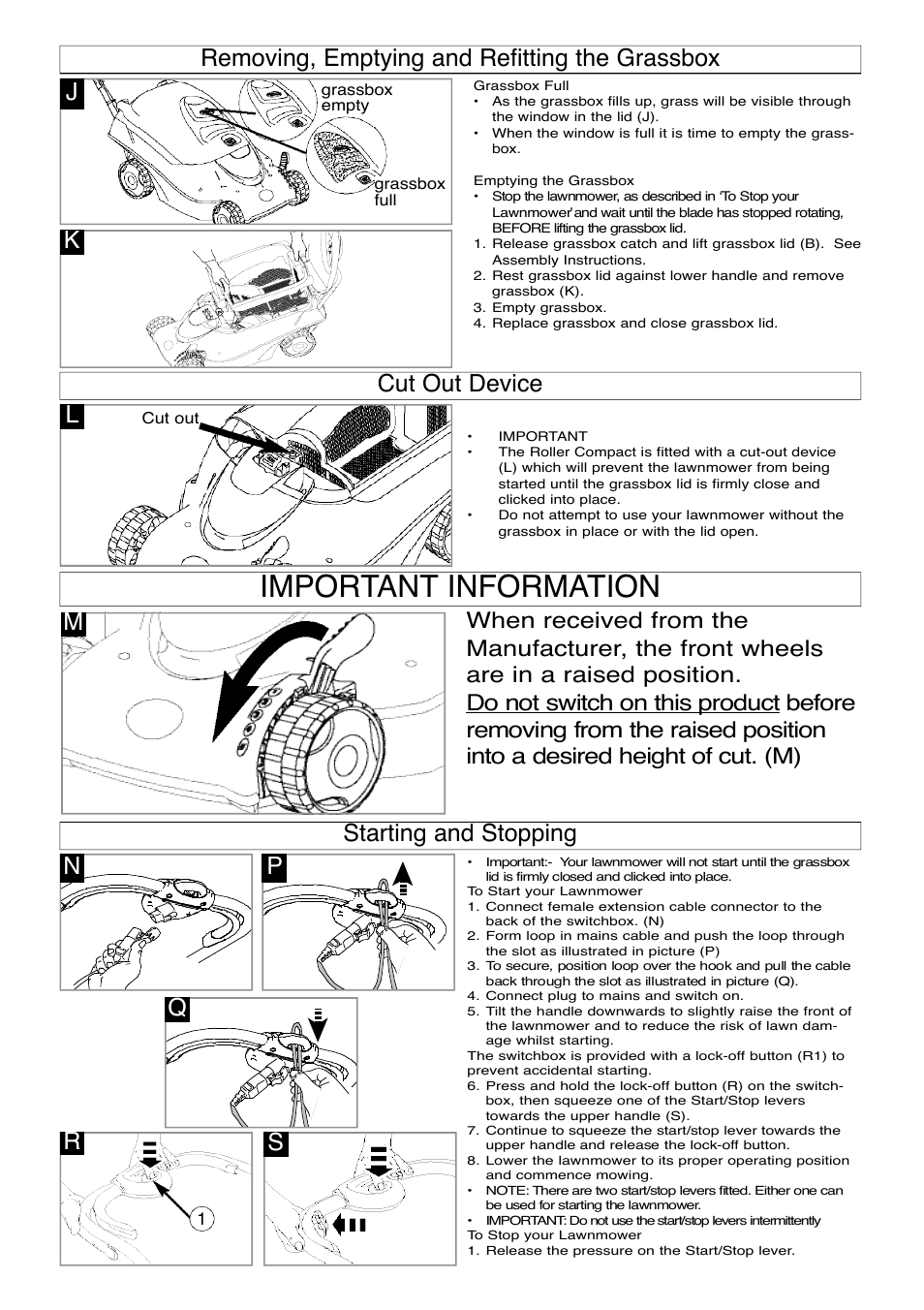 Removing, emptying and refitting the grassbox, Cut out device, Important information | Starting and stopping, Np starting and stopping, Qs r | Flymo ROLLER COMPACT 4000 User Manual | Page 5 / 9