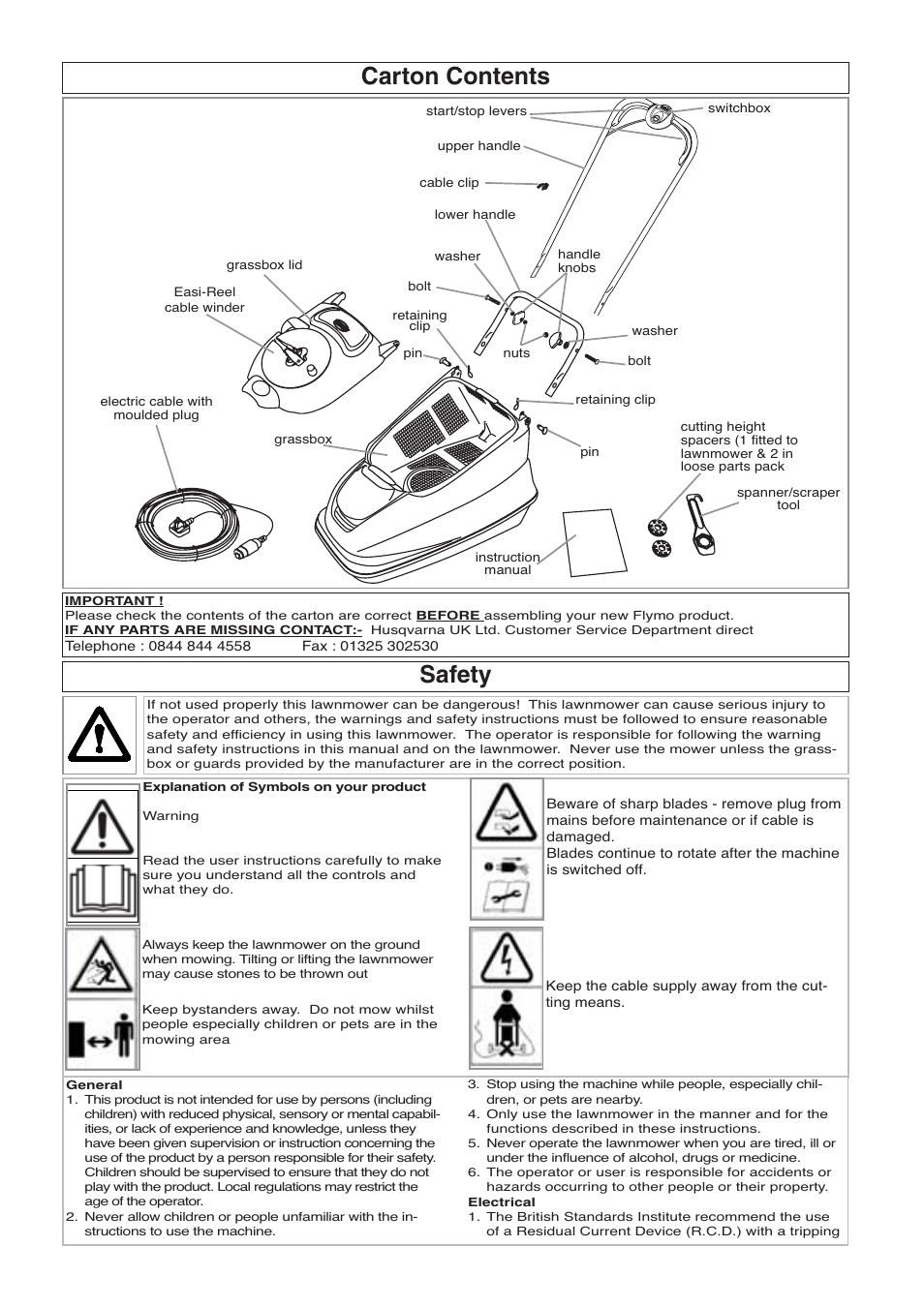 Carton contents, Safety | Flymo VISION COMPACT 330 User Manual | Page 2 / 9