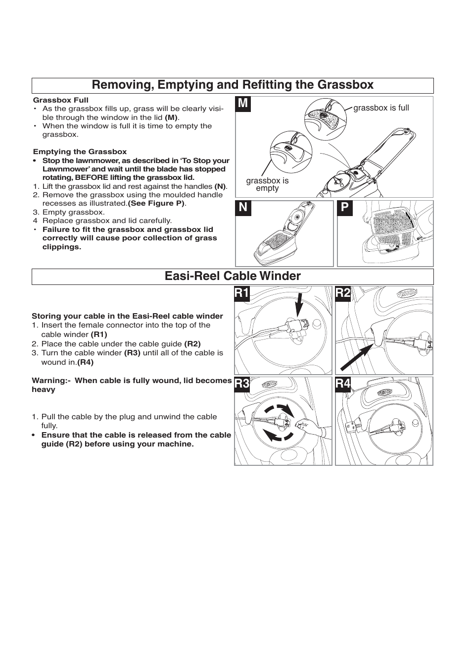 Removing, emptying and refitting the grassbox, R1 r2 r3 r4, Easi-reel cable winder | Flymo VISION COMPACT 330 User Manual | Page 6 / 9