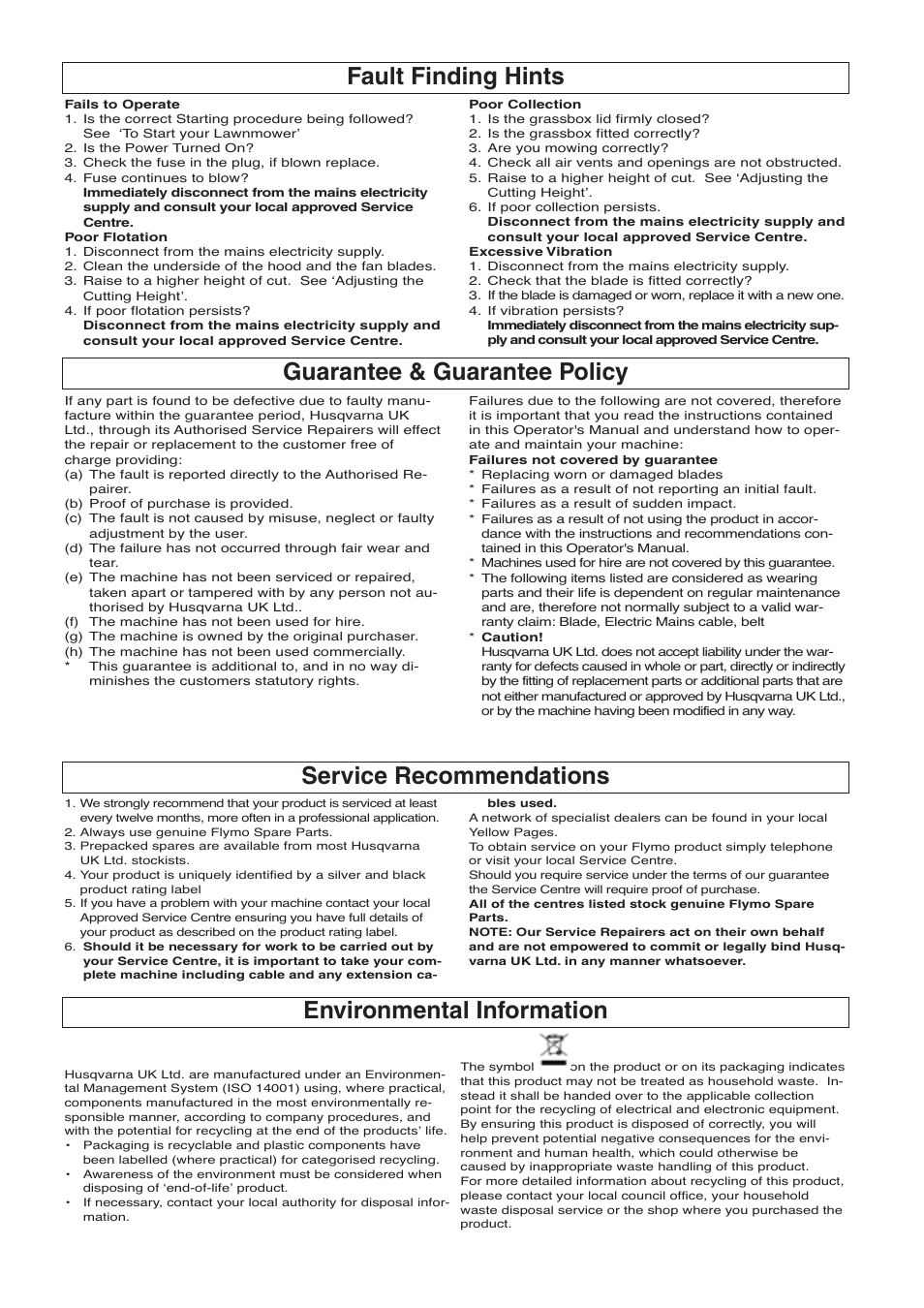 Service recommendations | Flymo VISION COMPACT 330 User Manual | Page 8 / 9