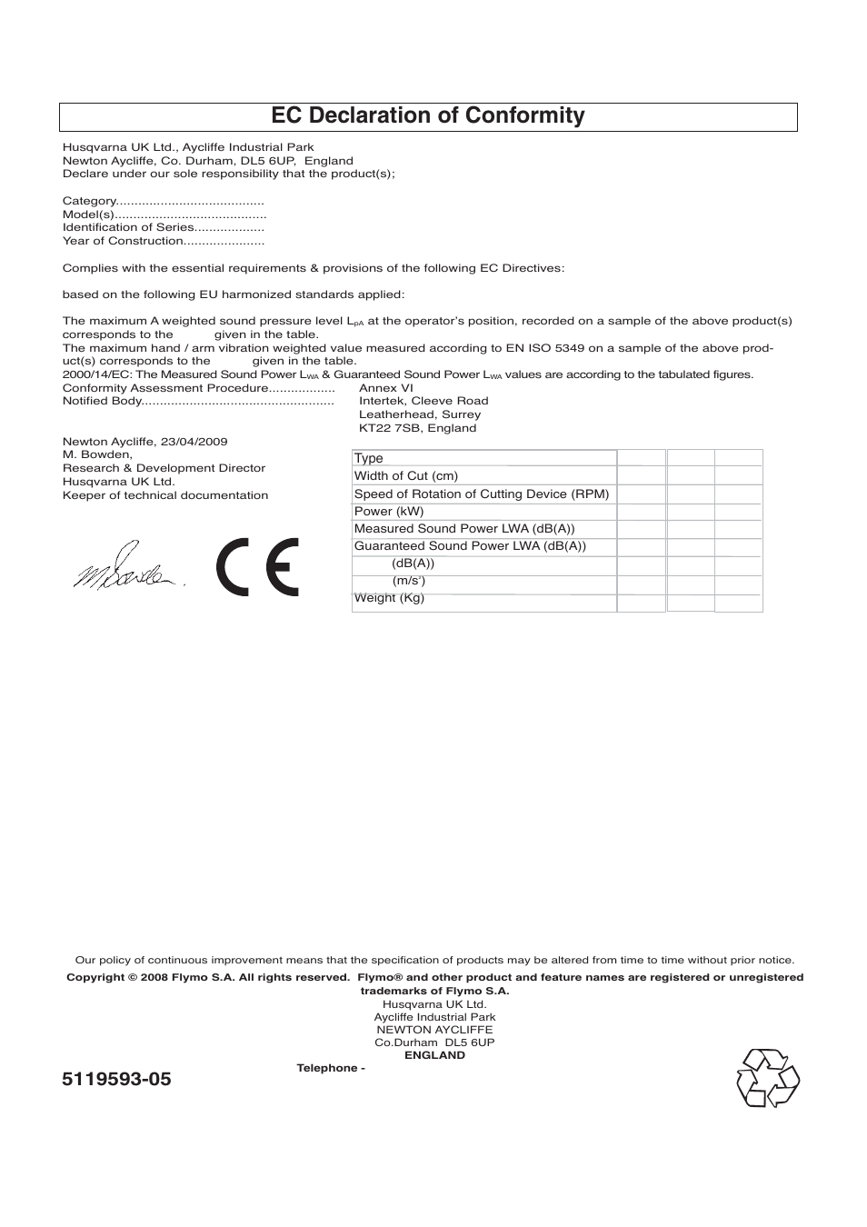 Ec declaration of conformity | Flymo VISION COMPACT 330 User Manual | Page 9 / 9