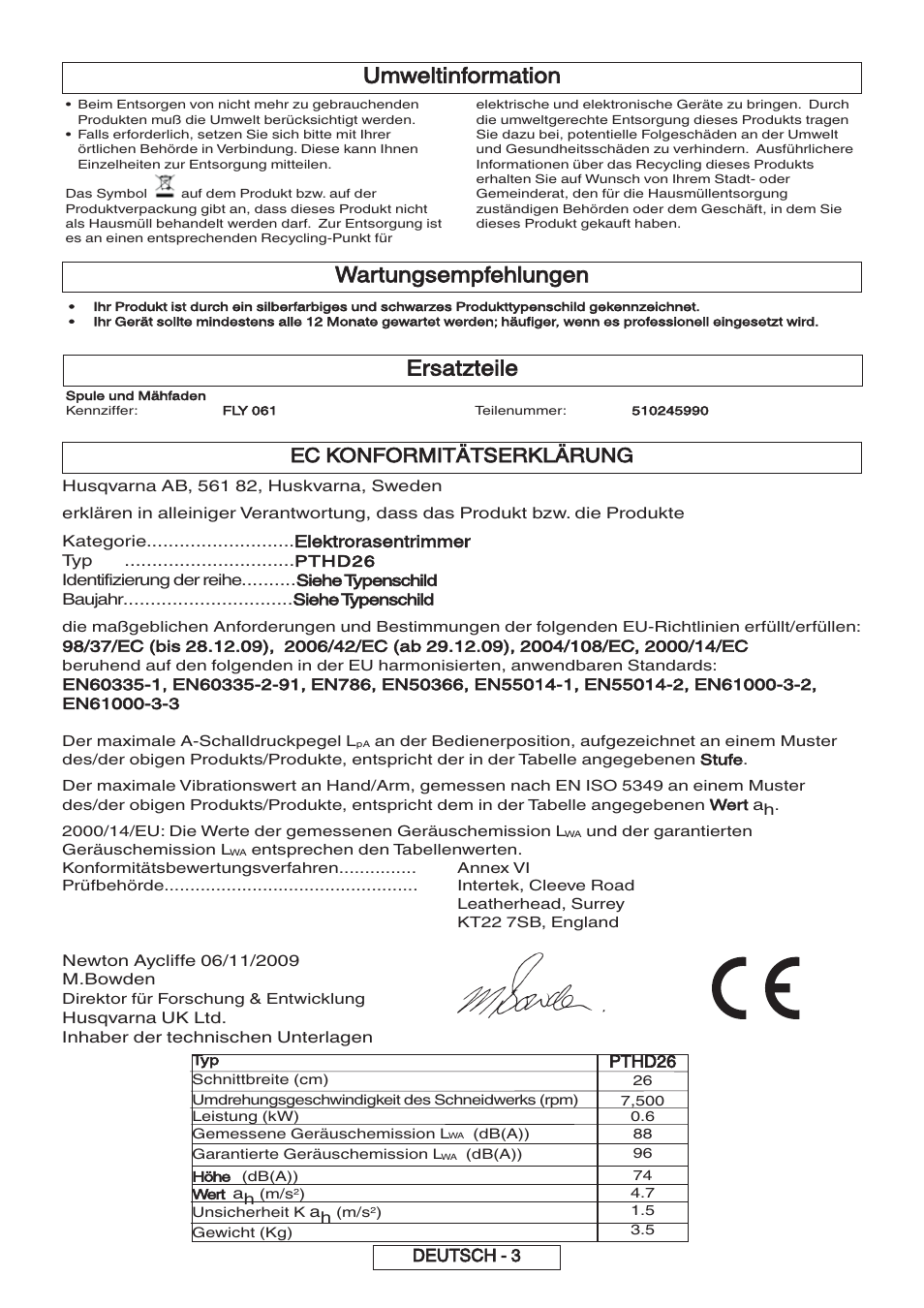 Umweltinformation, Wartungsempfehlungen, Ersatzteile | Ec konformitätserklärung, Deutsch - 3, Pthd26 | Flymo 600 HD User Manual | Page 13 / 80