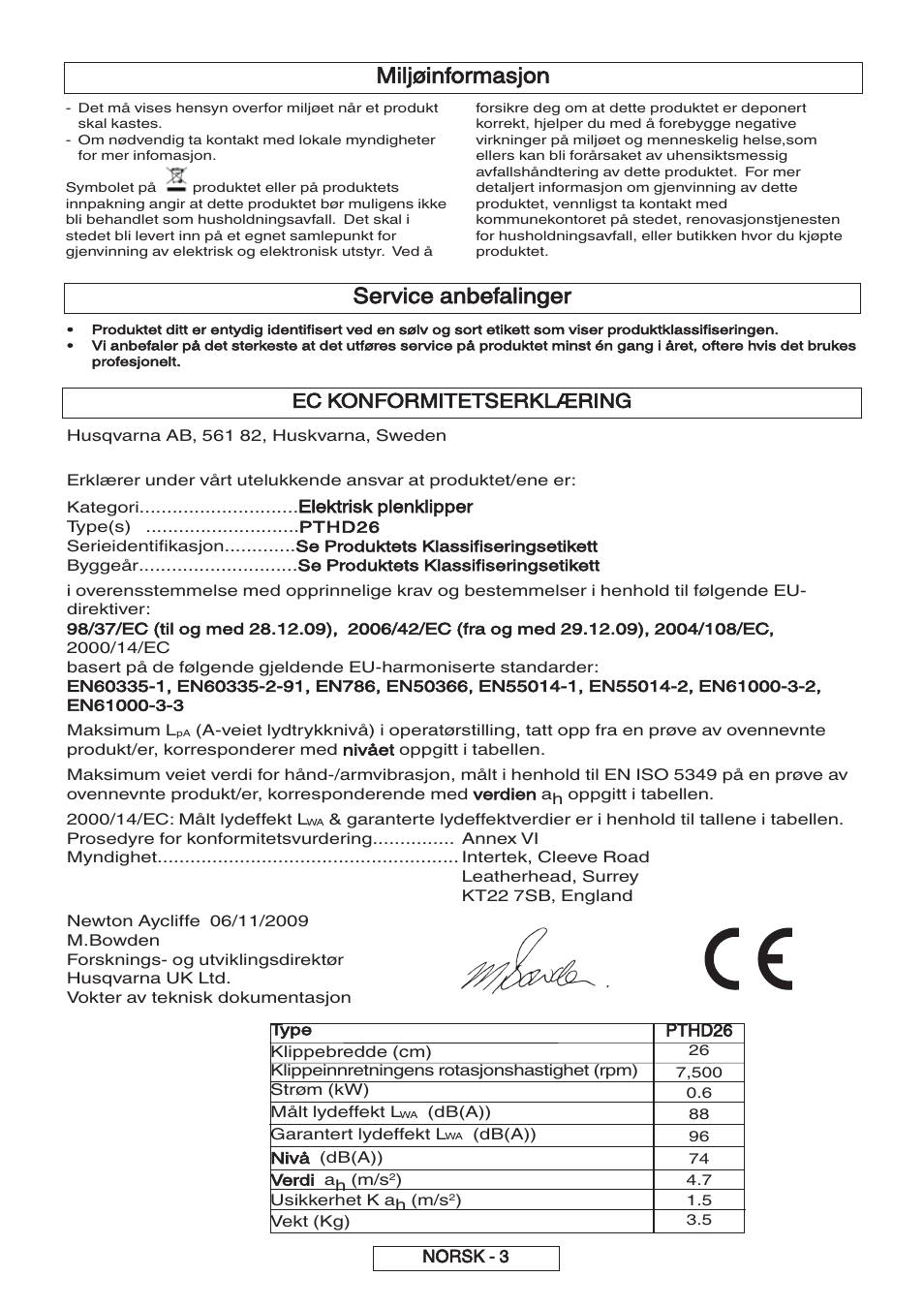 Miljøinformasjon, Service anbefalinger, Ec konformitetserklæring | Flymo 600 HD User Manual | Page 22 / 80