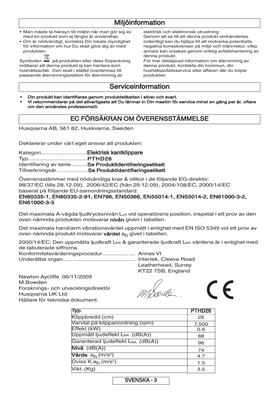 Miljöinformation, Serviceinformation, Ec försäkran om överensstämmelse | Flymo 600 HD User Manual | Page 28 / 80