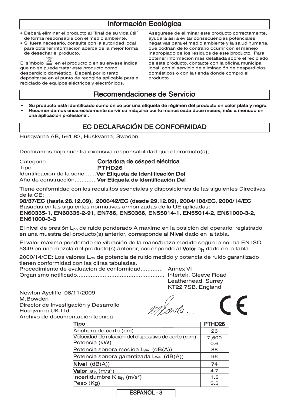 Información ecológica, Recomendaciones de servicio, Ec declaración de conformidad | Flymo 600 HD User Manual | Page 34 / 80