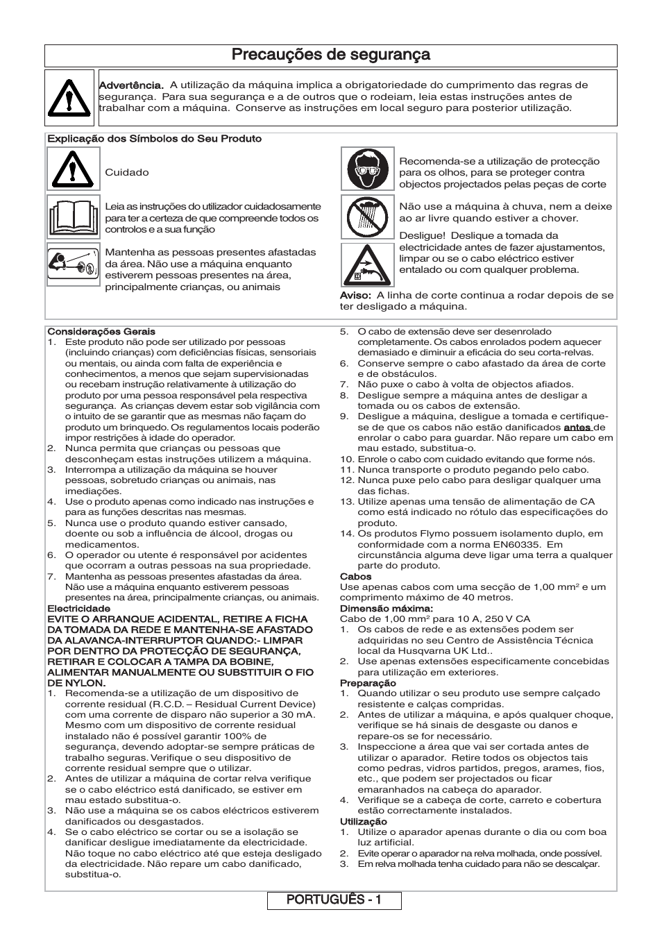 Precauções de segurança, Português - 1 | Flymo 600 HD User Manual | Page 35 / 80